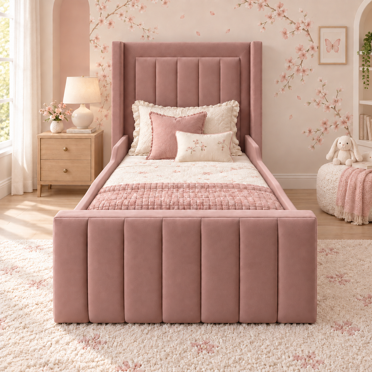Rosalie Kids Bed Frame in soft muted rose-claret, front view, shown with optional safety side rails finishing inside the headboard wings
