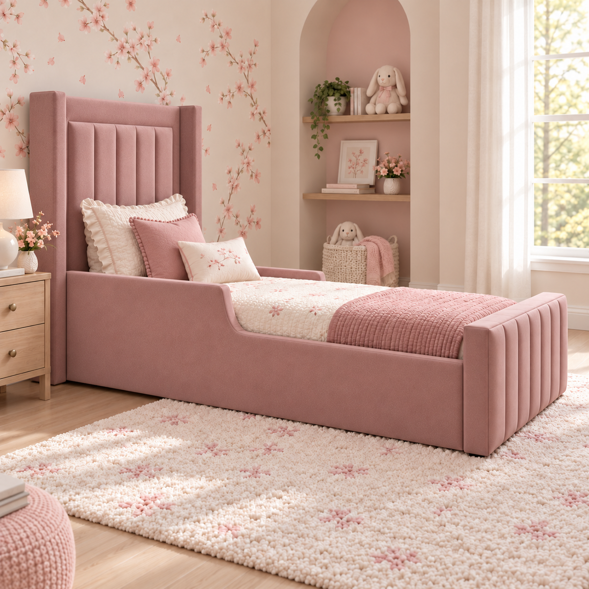 Rosalie Kids Bed Frame in soft muted rose-claret, left view, shown with optional safety side rails finishing inside the headboard wings