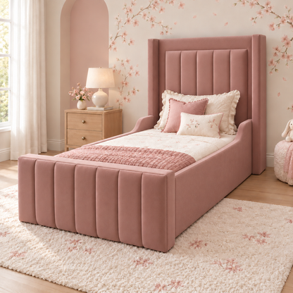Rosalie Kids Bed Frame in soft muted rose-claret, main view, shown with optional safety side rails finishing inside the headboard wings
