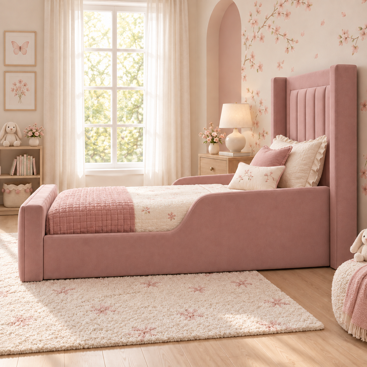 Rosalie Kids Bed Frame in soft muted rose-claret, right view, shown with optional safety side rails finishing inside the headboard wings