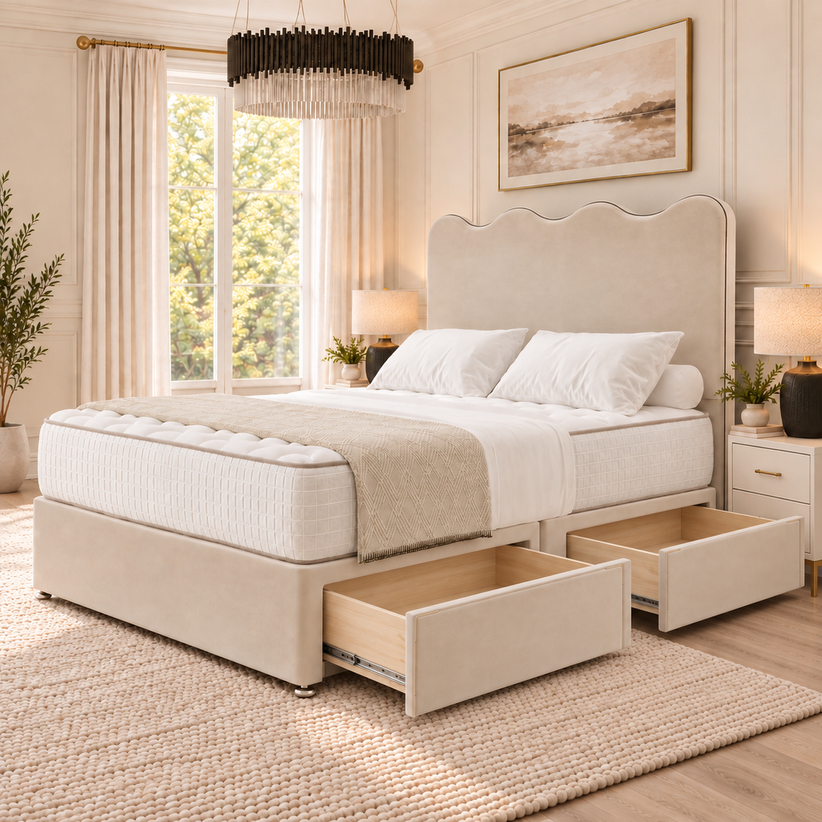 Serena Wave Divan Bed in champagne beige upholstery, two optional side drawers open