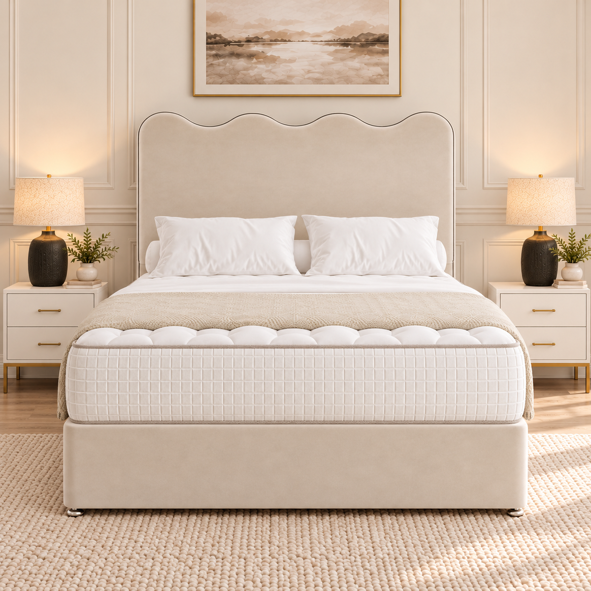 Serena Wave Divan Bed in champagne beige upholstery, front view, 54 inch waved headboard