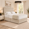 Serena Wave Divan Bed in champagne beige upholstery, three-quarter view, 54 inch headboard with closed optional drawers