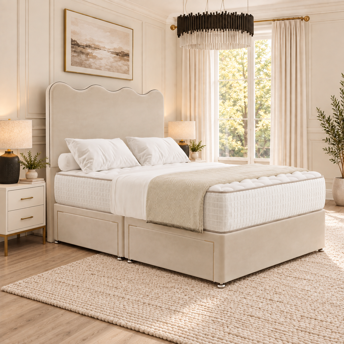 Serena Wave Divan Bed in champagne beige upholstery, three-quarter view, 54 inch headboard with closed optional drawers