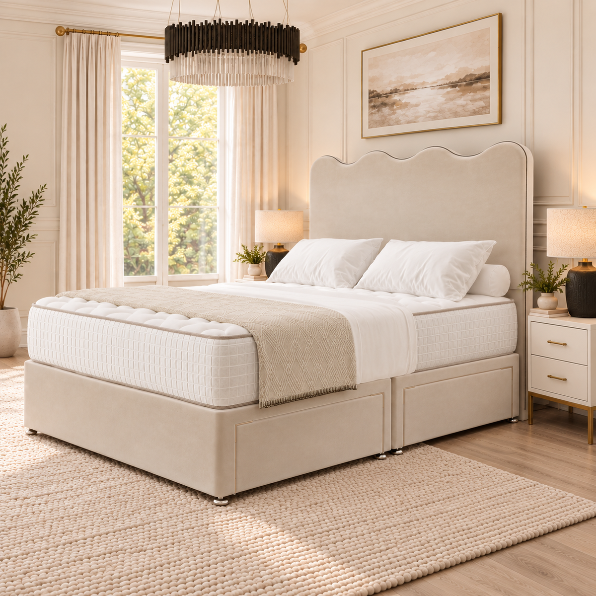 Serena Wave Divan Bed in champagne beige upholstery, opposite-corner view with closed optional drawers