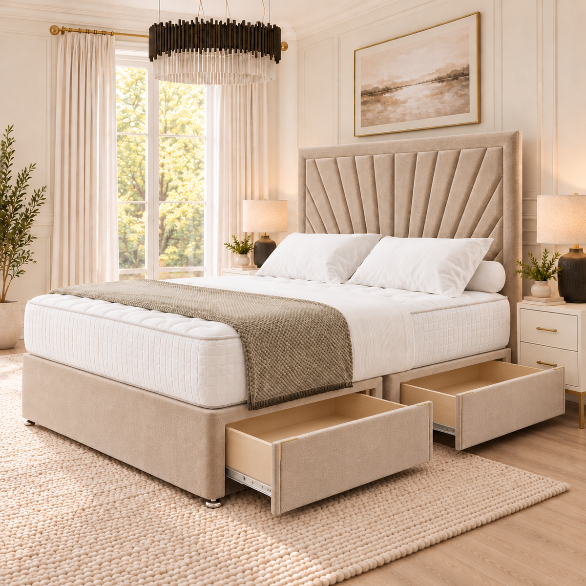 Solara Fan Divan Bed in champagne beige upholstery, two optional side drawers open