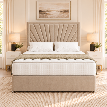 Solara Fan Divan Bed in champagne beige upholstery, straight-on front view, 54 inch headboard