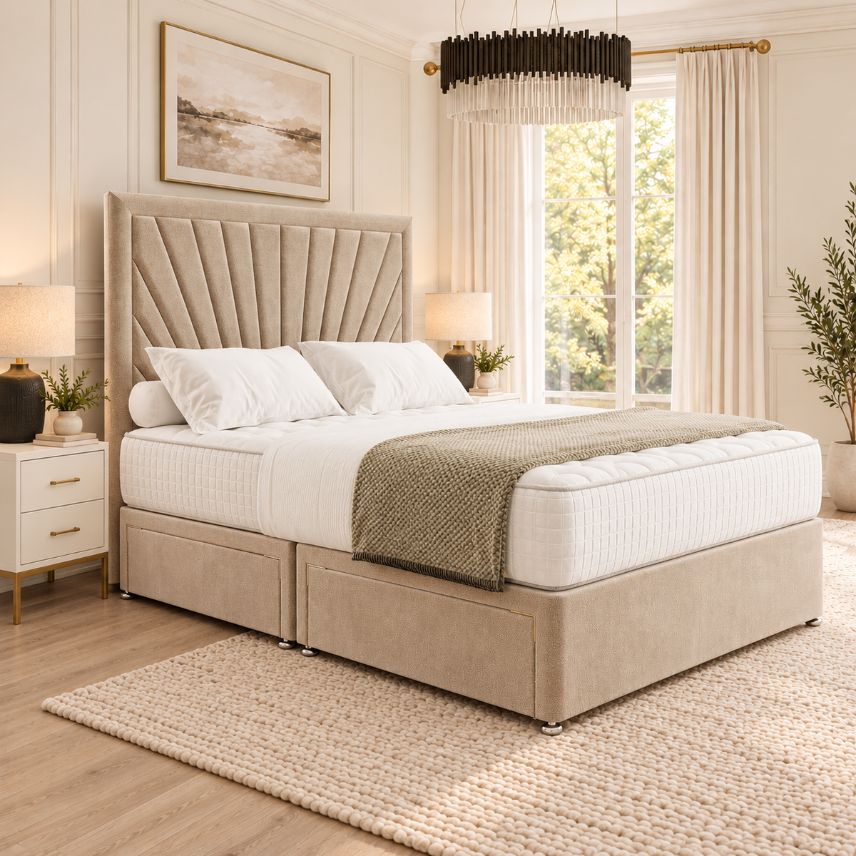 Solara Fan Divan Bed in champagne beige upholstery, three-quarter view, 54 inch headboard and closed optional drawers