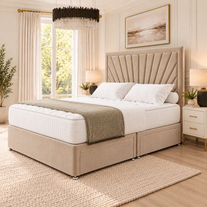 Solara Fan Divan Bed in champagne beige upholstery, opposite-corner view with closed optional drawers