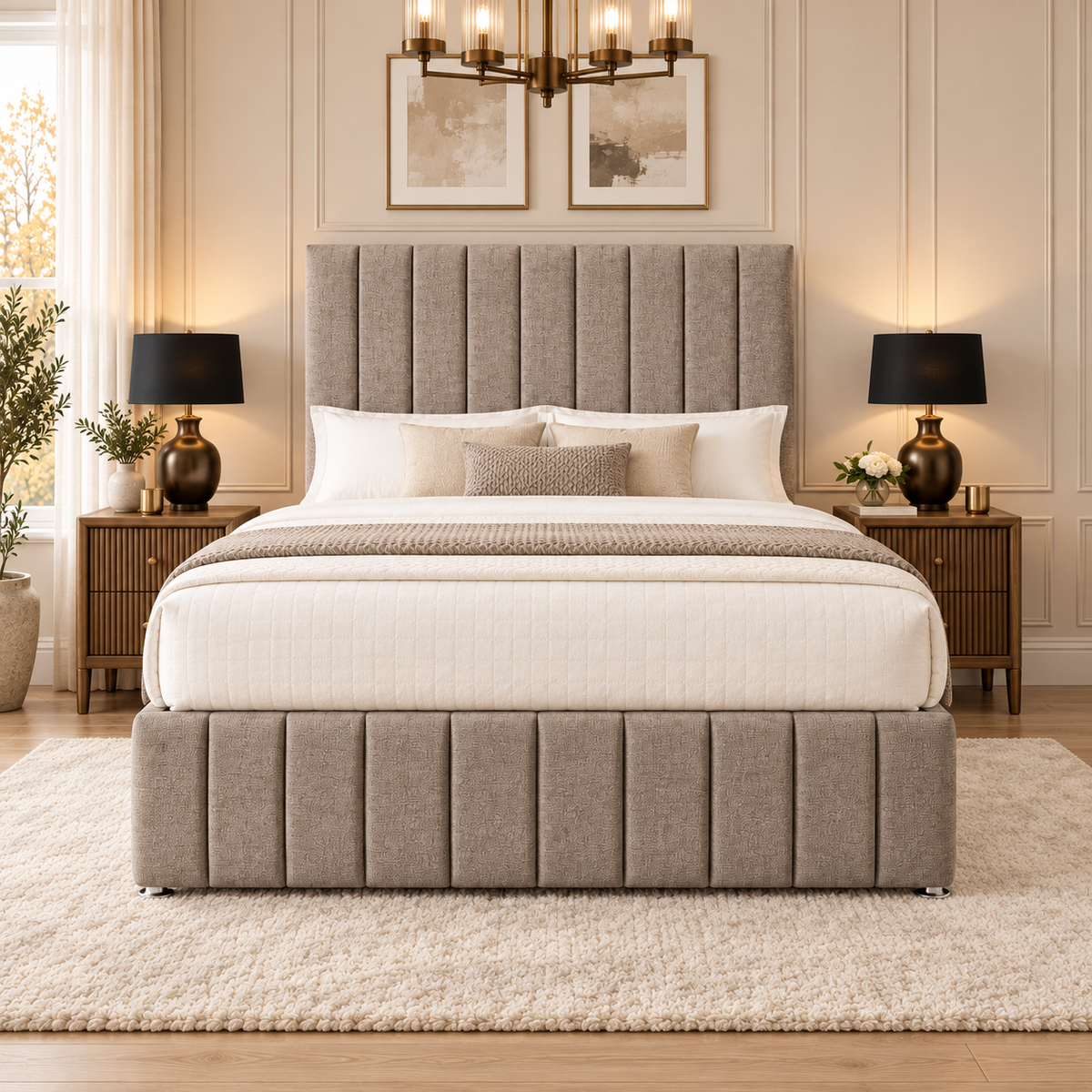 Solenne divan bed in soft warm taupe textured Coniston upholstery, front view