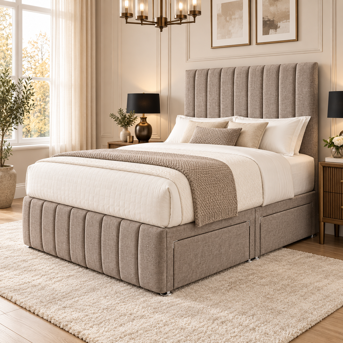 Solenne divan bed in soft warm taupe textured Coniston upholstery, three-quarter view