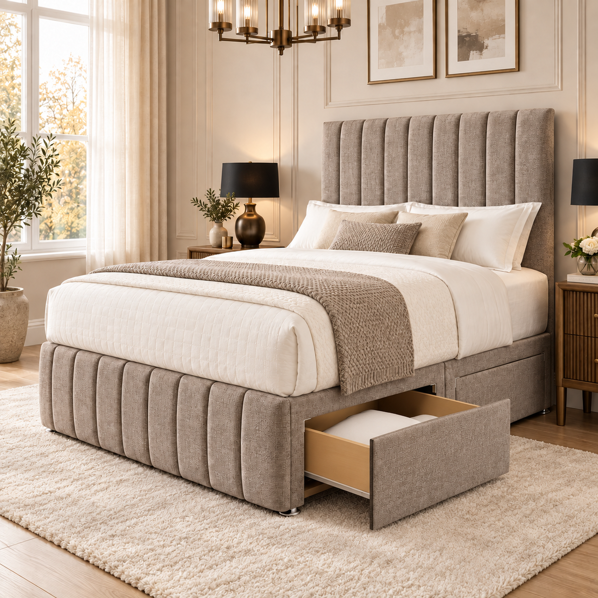 Solenne divan bed in soft warm taupe textured Coniston upholstery, side view with optional drawer storage open