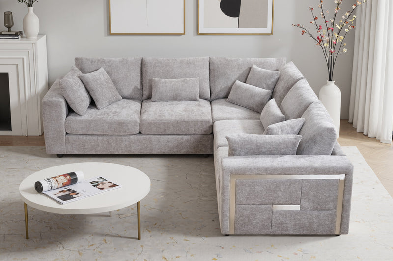 George 2C2 Chenille Corner Sofa – Grey with Silver Accents