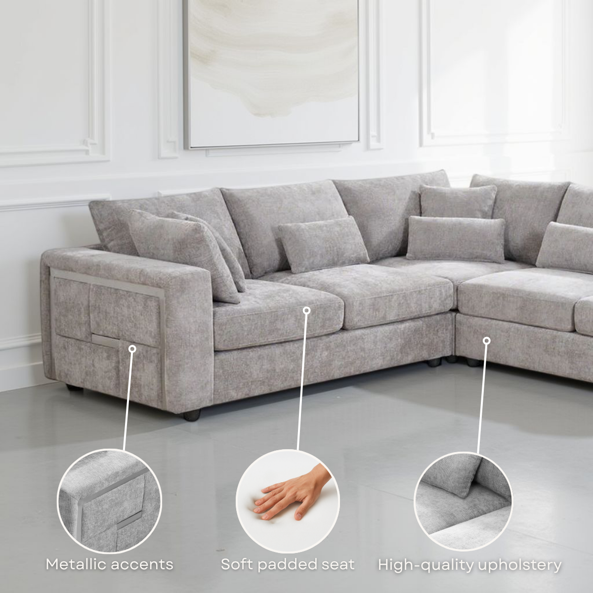 Chenille Fabric Beige 2C2 Corner Sofa with Silver Accents GEORGE — view 5