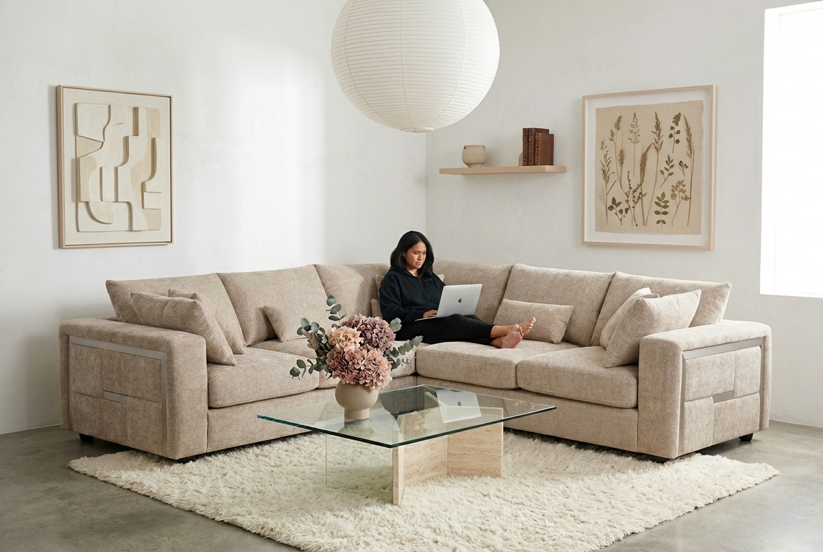 Chenille Fabric Beige 2C2 Corner Sofa with Silver Accents GEORGE — view 6