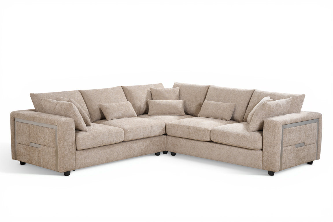 Chenille Fabric Beige 2C2 Corner Sofa with Silver Accents GEORGE — view 2