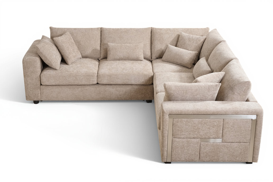 Chenille Fabric Beige 2C2 Corner Sofa with Silver Accents GEORGE — view 3