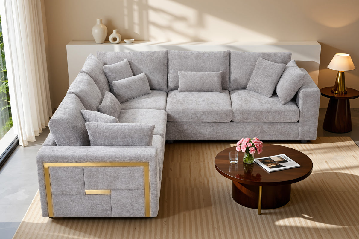 Chenille Fabric Grey 2C2 Corner Sofa with Gold Accents GEORGE — view 1