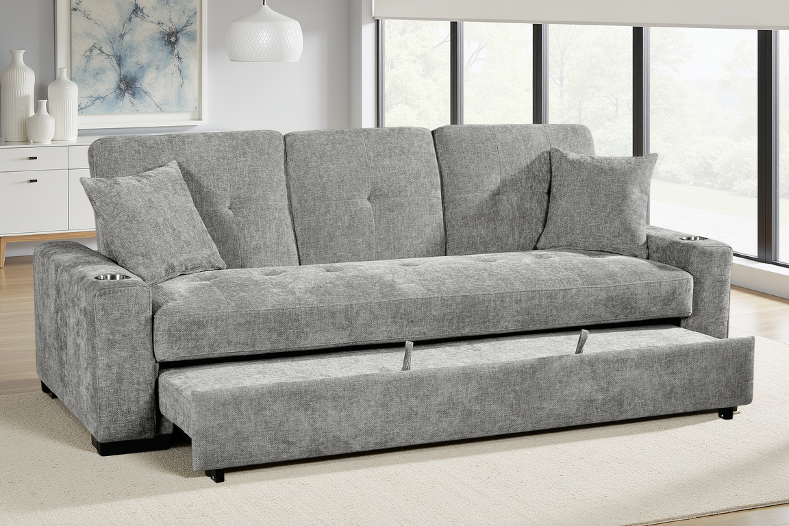 Light Grey Chenille Fabric 3 Seater Sofabed CHARLES — view 1