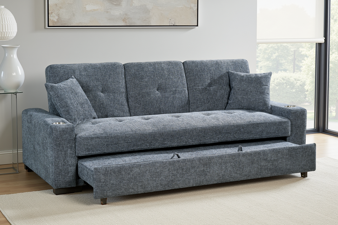 Pale Blue Chenille Fabric 3 Seater Sofabed CHARLES — view 1