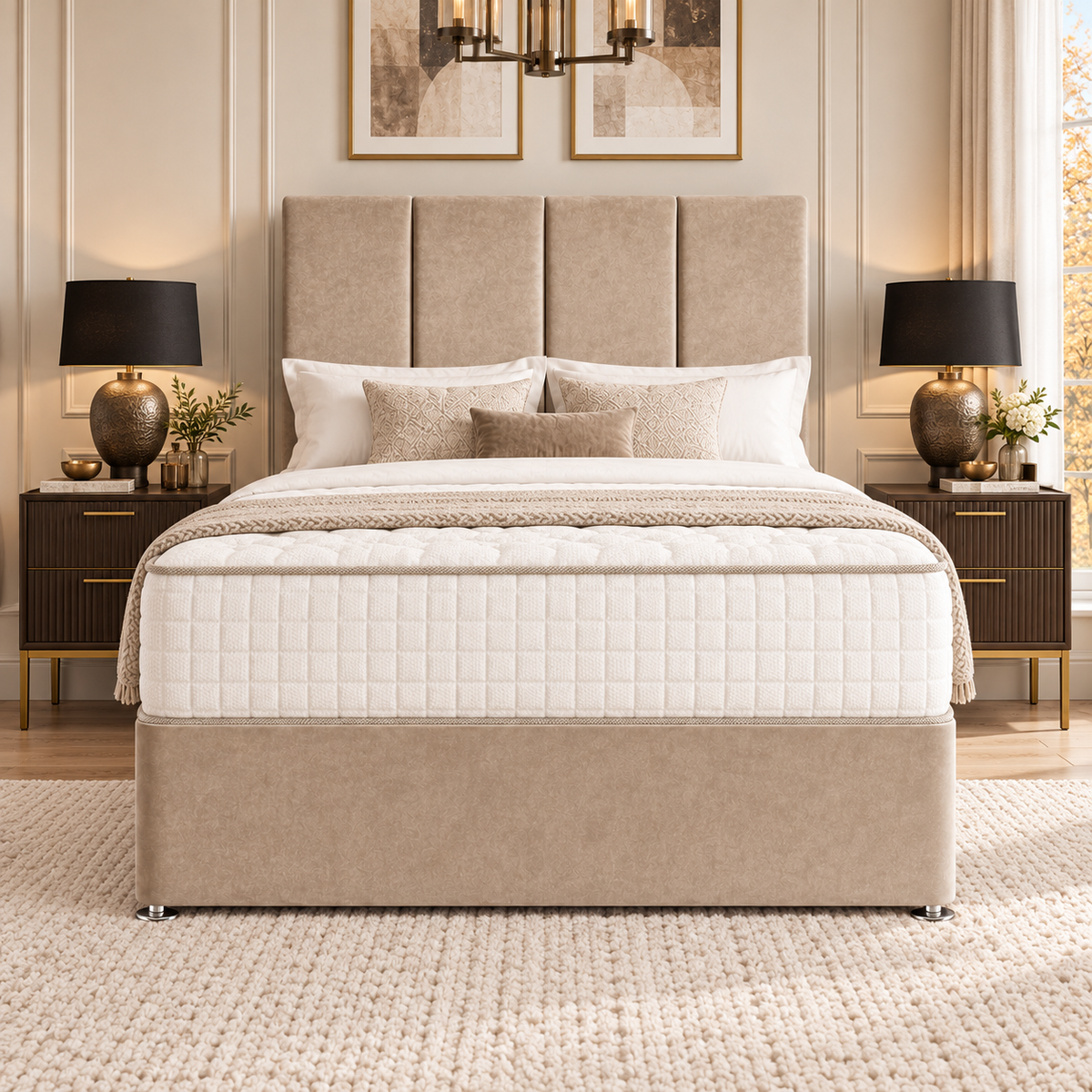 Vesper divan bed in champagne beige plush velvet upholstery, front view