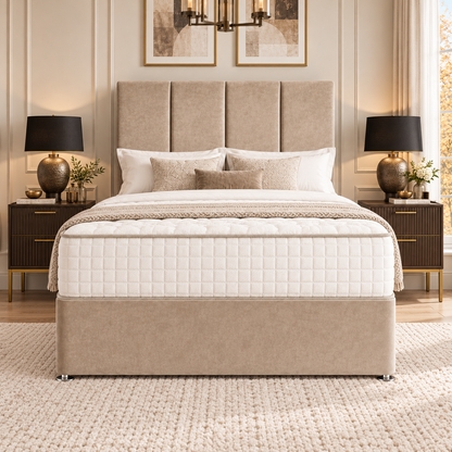 Vesper divan bed in champagne beige plush velvet upholstery, front view
