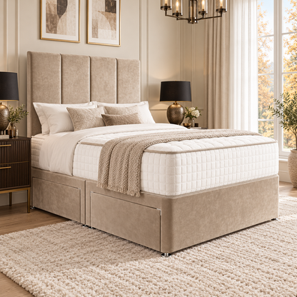 Vesper divan bed in champagne beige plush velvet upholstery, three-quarter view