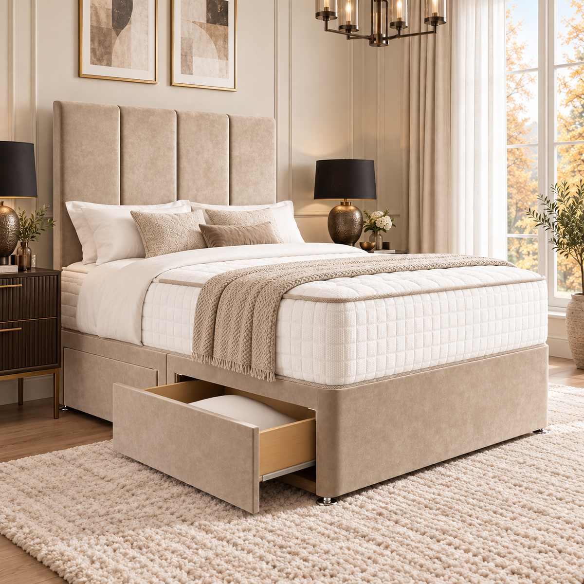 Vesper divan bed in champagne beige plush velvet upholstery, side view with optional drawer storage open