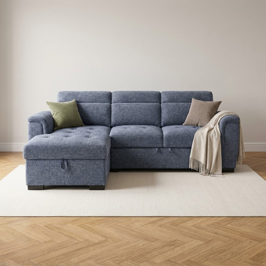 Wilson Pale Blue Chenille Fabric Corner Sofabed with Storage — Left Hand Sofa — main lifestyle image