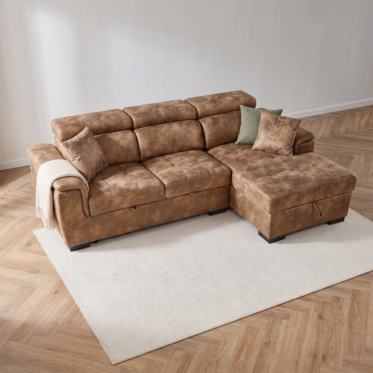 Wilson Faux Leather Suede Brown Corner Sofabed with Storage — Right Hand Sofa — main lifestyle image