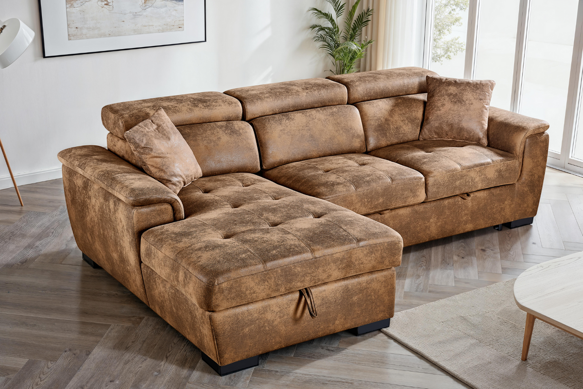 Wilson Faux Leather Suede Brown Corner Sofabed with Storage