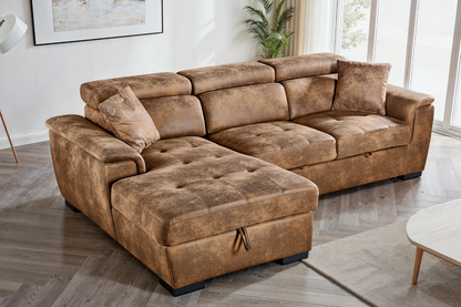 Wilson Faux Leather Suede Brown Corner Sofabed with Storage