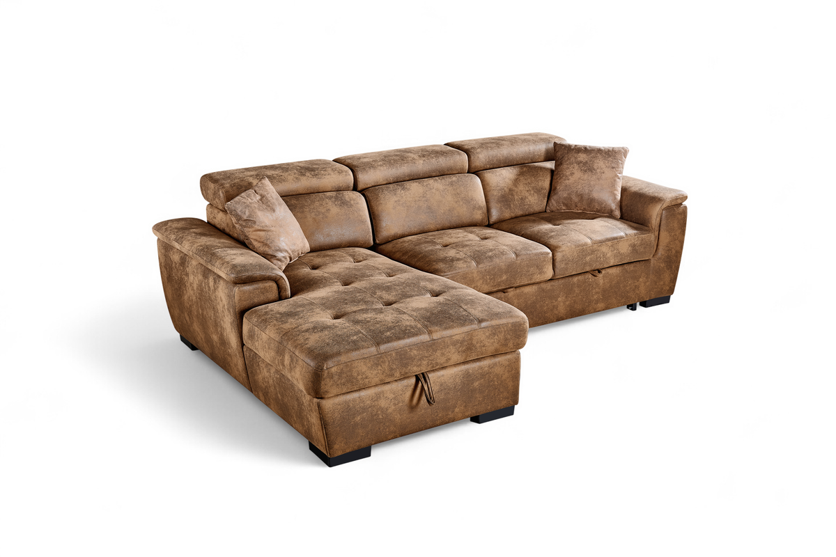 Wilson Faux Leather Suede Brown Corner Sofabed with Storage