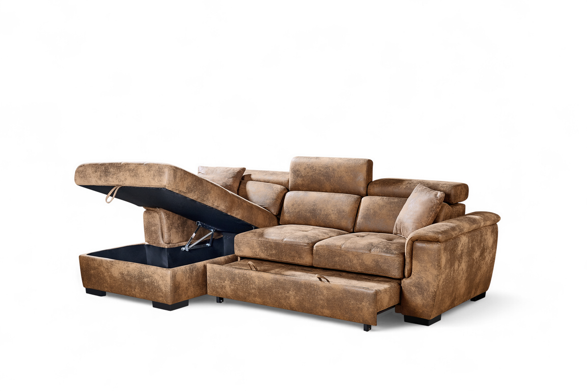 Wilson Faux Leather Suede Brown Corner Sofabed with Storage