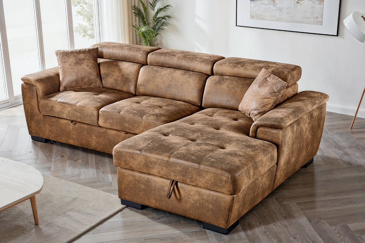 Wilson Faux Leather Suede Brown Corner Sofabed with Storage