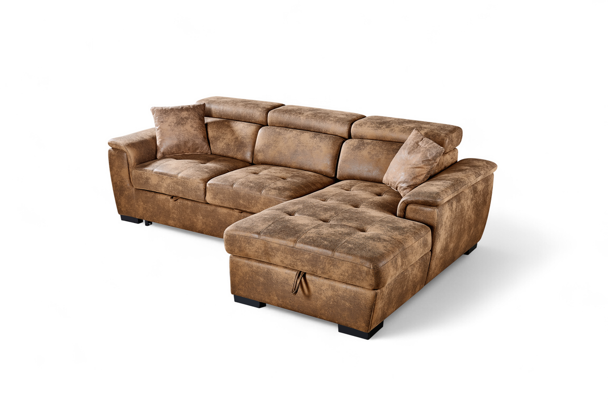 Wilson Faux Leather Suede Brown Corner Sofabed with Storage