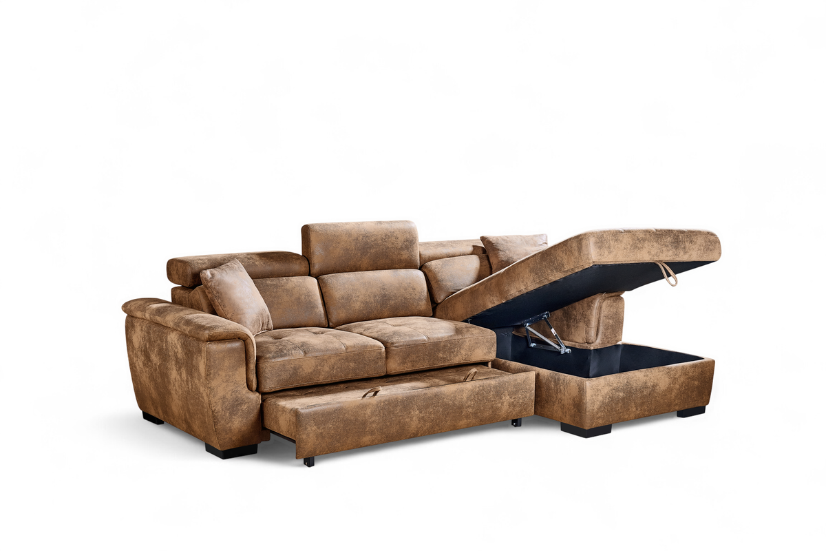 Wilson Faux Leather Suede Brown Corner Sofabed with Storage